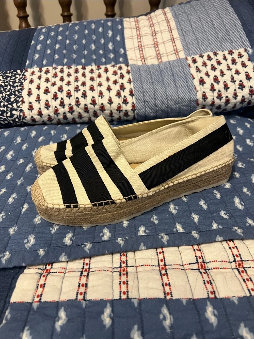 Nine West Black and Cream Striped Espadrille Flats
